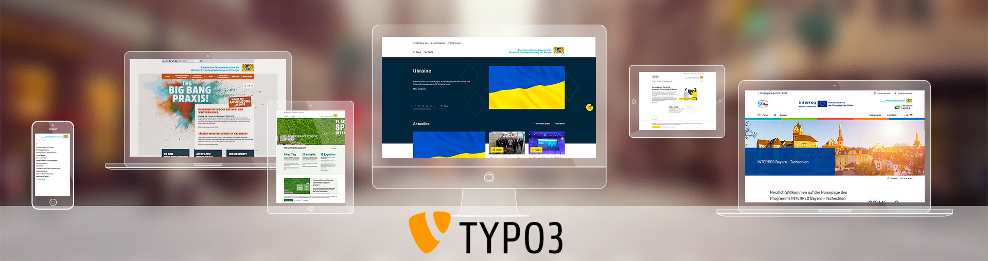 Sandstein Neue Medien betreuet viele TYPO3 Auftritte des StMWi Grafik: digitale Endgeräte mit den Websites des StMWi und TYPO3 Logo