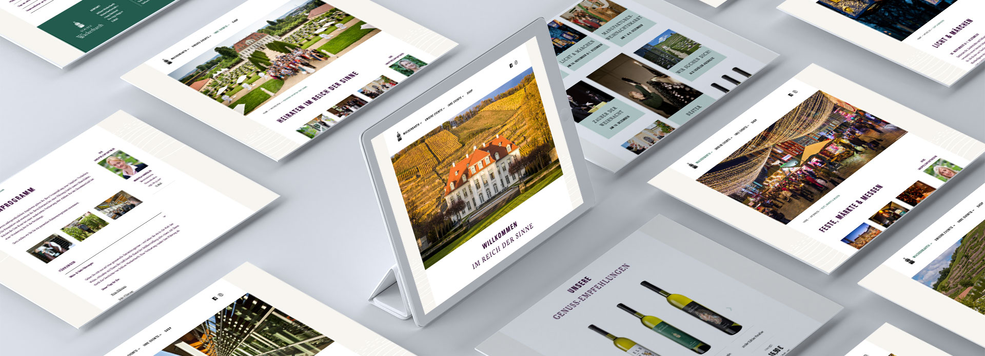 Website Schloss Wackerbarth Grafik: Tablet und verschiedene Webansichten vom Schloss Wackerbarth
