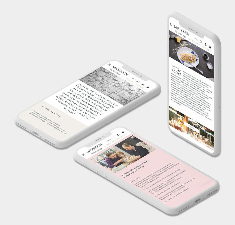Drei Handybildschirme der Website Meißen Porzelan.